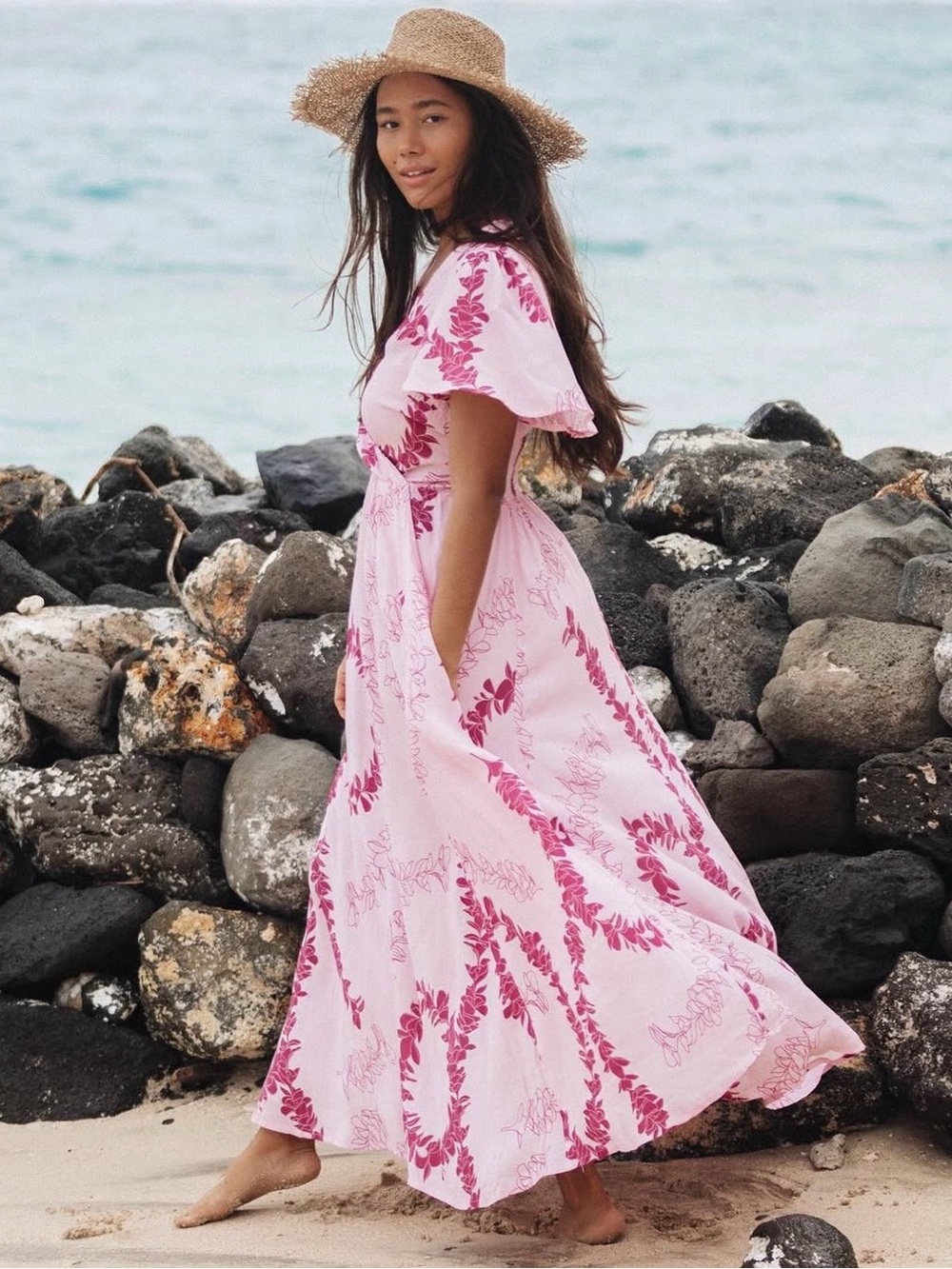 Fighting Eel Ava Sky Dress Boo in Pomelo Plumeria Lei Size XS Pink